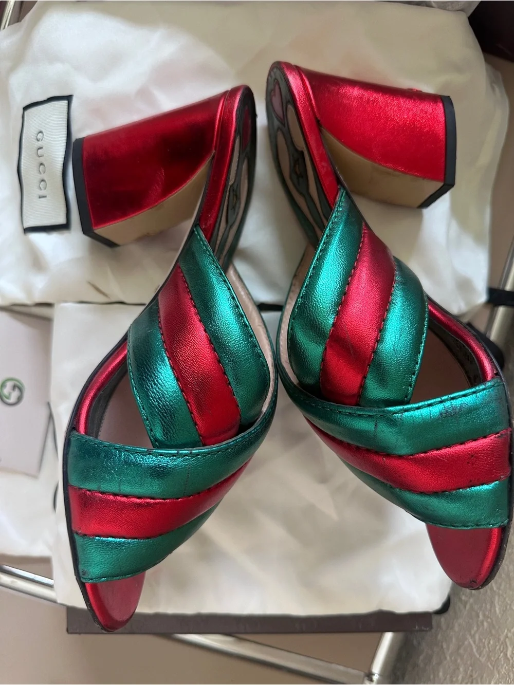 Gucci Metallic Teal and Fuchsia Crisscross Slide Mules - Picture 11 of 16
